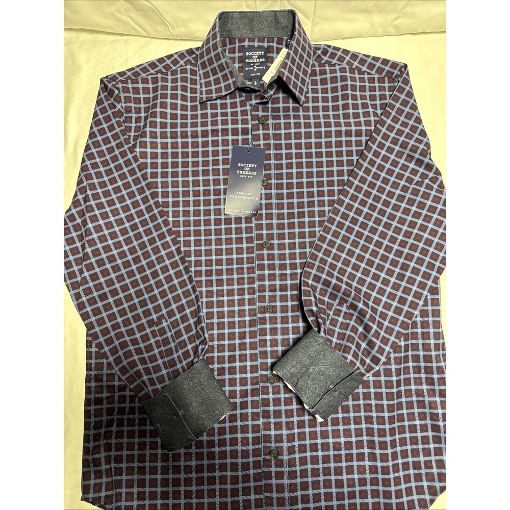 Society of Threads Men's Slim Fit Blue Check 4 Way Stretch Small Flip Cuff